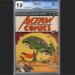 Illustration of the cover of Action Comics #1, depicting Superman lifting a green car above his head as frightened men run away.
