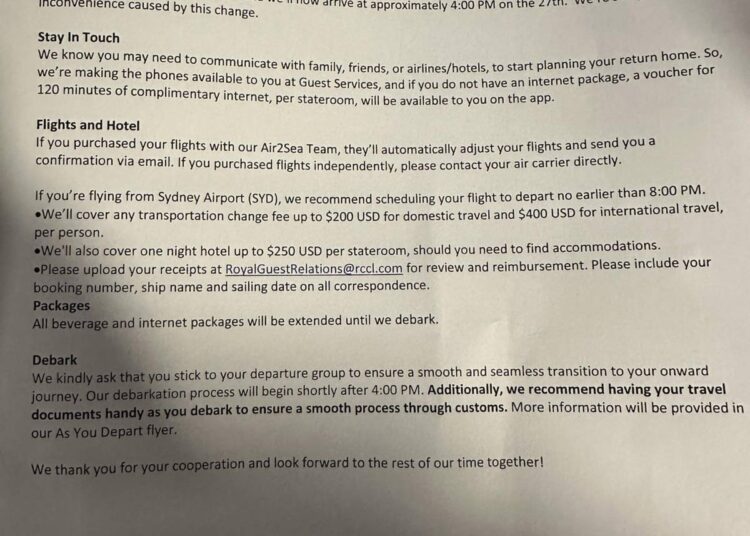 Anthem of the Seas Technical Issues Letter