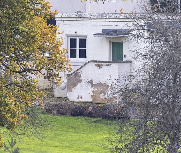 A recent photograph of Royal Lodge clearly shows it's state of disrepair with plaster peeling off the exterior walls