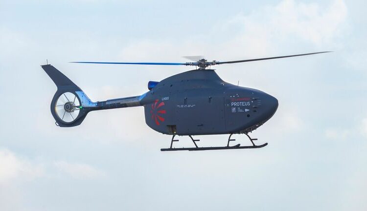 The UK's first truly autonomous full-size helicopter completing its maiden flight. Pic: Royal Navy