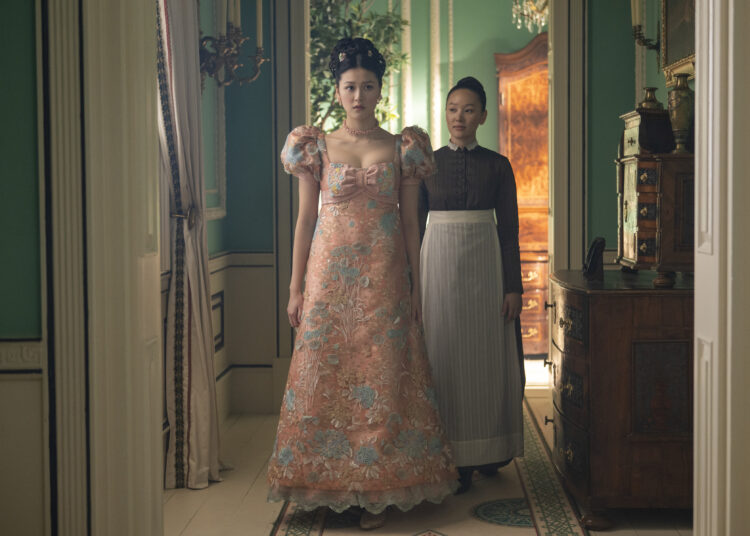 Isabella Wei and Yerin Ha in Bridgerton. Main image: Mark Owen in footage from the Take That docuseries