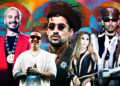 J Balvin, Daddy Yankee, Bad Bunny, Ivy Queen, and Ozuna are posing against a colorful background.