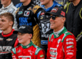 Former NASCAR Cup Series champion Kevin Harvick, center, right, and his son Keelan, 13, look on before the two raced in the 13th annual Masters of the Pros 200 race on Wednesday, July 16, 2025, at the Owosso Speedway.