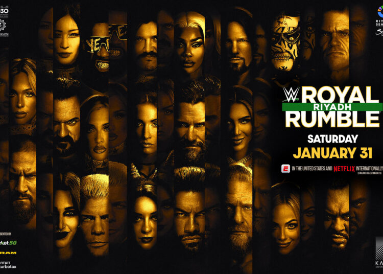 WWE Royal Rumble 2026 promotional poster featuring Roman Reigns, Cody Rhodes, Brock Lesnar, Becky Lynch, and Rhea Ripley among others for Saturday, January 31.