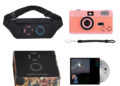 Merchandise set featuring a camera, fanny pack, and boxed album.