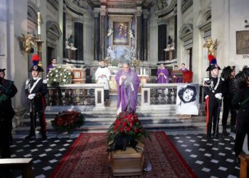 Don Walter Insero officiates the funeral of actress Gina Lollobrigida at Chiesa degli Artisti on Jan. 19, 2023, in Rome.