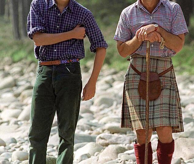 As Prince William and Kate Middleton head North of the border this week, there will be one question on many royal fans' minds: will the Prince of Wales finally wear a kilt? (Pictured: William with his father Charles at Balmoral in 1997)