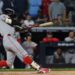 Boston Red Sox outfielder Jarren Duran (16) breaks his bat as he lines out during the first inning against the New York Yankees during game three of the Wildcard round for the 2025 MLB playoffs at Yankee Stadium
