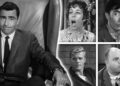 Rod Serling in a chair on The Twilight Zone next to images of Carol Burnett, George Takei, Robert Redford, and Don Rickles on the show in a composite image
