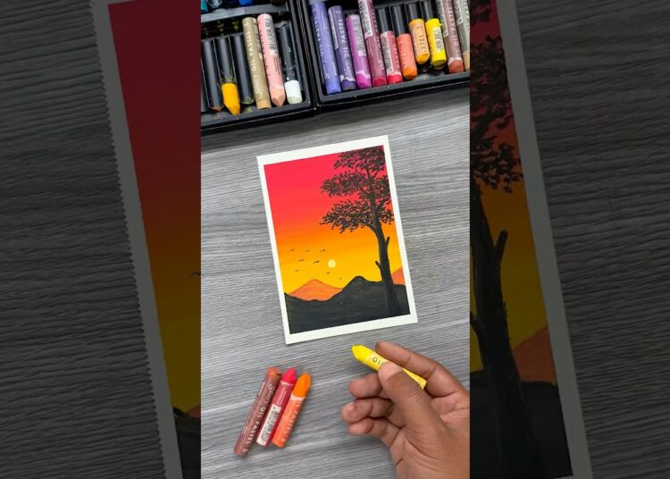 🌅 Easy Sunset Scenery Drawing | Oil Pastel Art