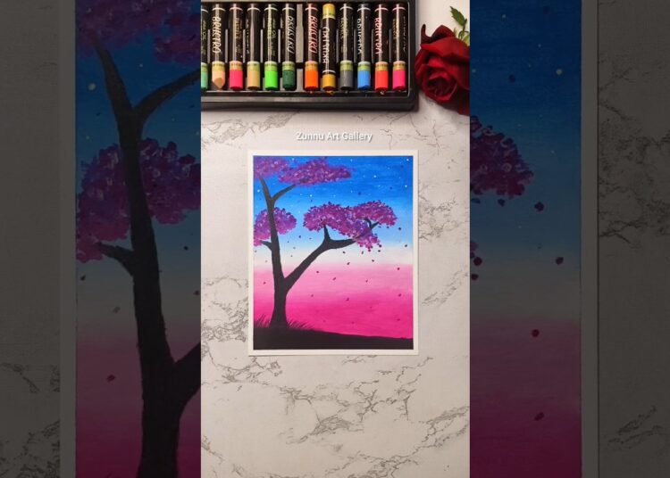 Pink Blossom Tree at Sunset | Oil Pastel Art 🌸✨ #Shorts #artshorts #oilpastel