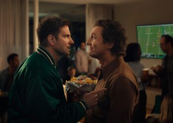 This undated image provided by Uber Eats shows Bradley Cooper, left, and Matthew McConaughey in a scene from the Uber Eats 2026 Super Bowl NFL football spot.