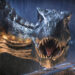 The Indoraptor roaring at its prey in the rain