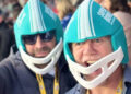 Mike Tindall and friend wearing blue helmets at the Super Bowl.