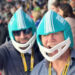Mike Tindall and friend wearing blue helmets at the Super Bowl.