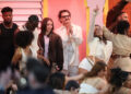 Young Miko and Pedro Pascal appear onstage during the Apple Music Super Bowl LX Halftime Show at Levi's Stadium on February 08, 2026 in Santa Clara, California.