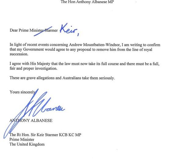 Anthony Albanese's letter to Sir Keir Starmer