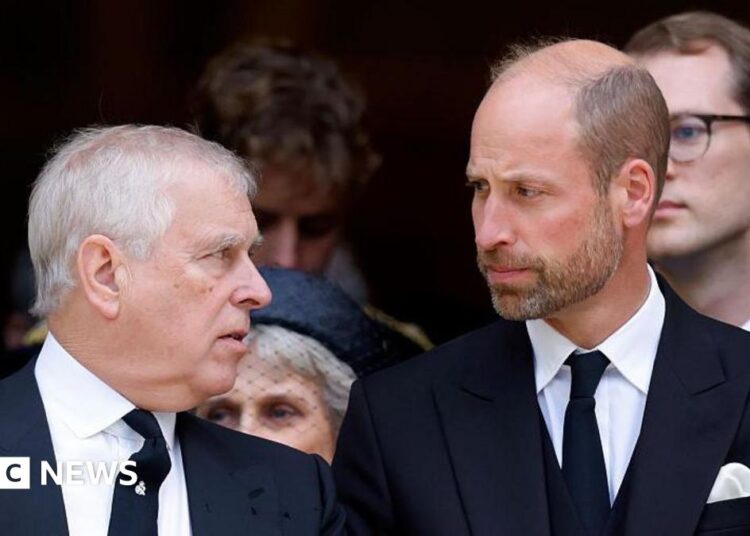 Andrew Mountbatten-Windsor and Prince William, Prince of Wales attend Katharine, Duchess of Kent's Requiem Mass
