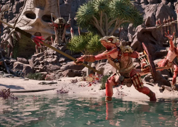 Screenshot of an enemy camp in Avowed in a desert area with multiple monsters. A lizard creature strikes out with a polearm as it roars.