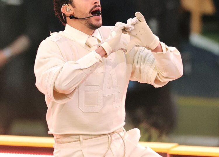 Bad Bunny performs onstage during the Apple Music Super Bowl