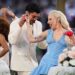 Bad Bunny and Lady Gaga perform during halftime of the NFL Super Bowl 60 football game between the New England Patriots and the Seattle Seahawks, Sunday, Feb. 8, 2026, in Santa Clara, Calif. (AP Photo/Lynne Sladky)