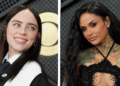 Billie Eilish, left, and Kehlani, right, wear "ICE OUT" pins at the 68th annual Grammy Awards on Sunday, Feb. 1, 2026, in Los Angeles.