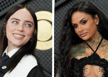 Billie Eilish, left, and Kehlani, right, wear "ICE OUT" pins at the 68th annual Grammy Awards on Sunday, Feb. 1, 2026, in Los Angeles.