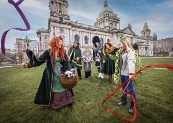Lord Mayor with St Patrick's Day performers outside City Hall