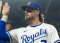 Sep 4, 2025; Kansas City, Missouri, USA; Kansas City Royals shortstop Bobby Witt Jr. (7) celebrates with teammates after defeating the Los Angeles Angels at Kauffman Stadium. Mandatory Credit: Jay Biggerstaff-Imagn Images