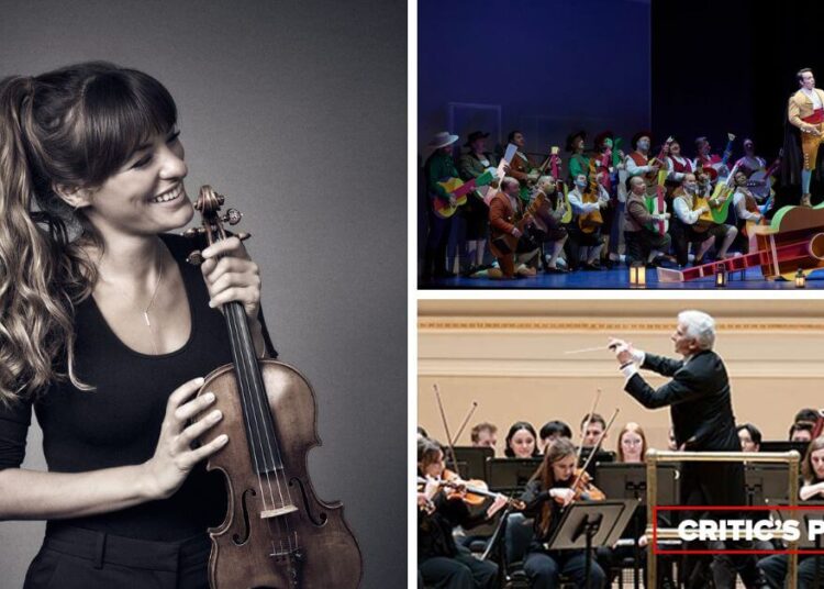 L-R (clockwise): Violinist Nicola Bendetti (Photo courtesy of the artist); The Barber of Seville at Canadian Opera Company, 2020 (Photo: Michael Cooper); Peter Oundjian conducts the Royal Conservatory Orchestra (Photo courtesy of The Royal Conservatory)