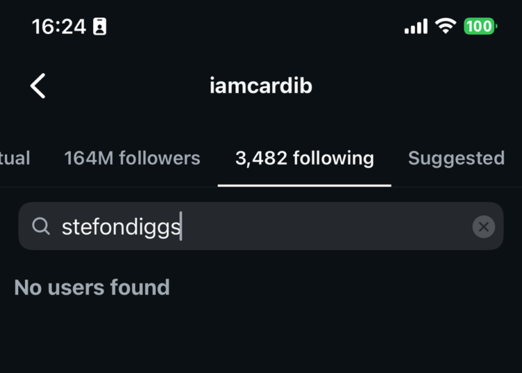 Cardi B no longer following Stefon Diggs on Instagram as of February 9 at 4:26 P.M.