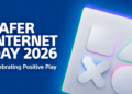 The PlayStation Family app icon on a blue background with the text: Safer Internet Day 2026 Celebrating Positive Play