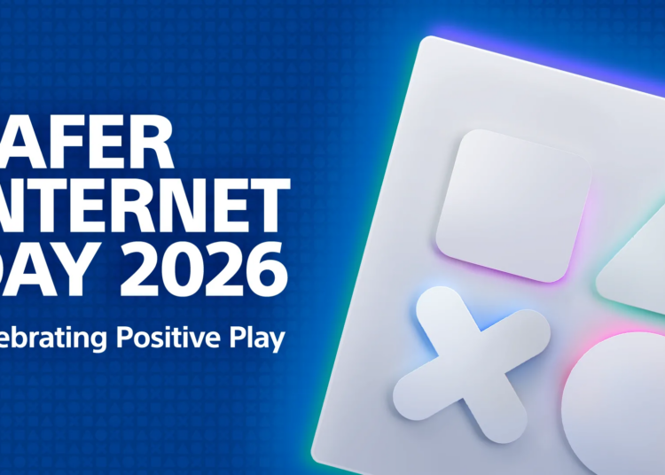 The PlayStation Family app icon on a blue background with the text: Safer Internet Day 2026 Celebrating Positive Play