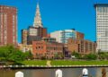View of the Cuyahoga River from the west bank of The Flats in Cleveland, Ohio
