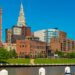 View of the Cuyahoga River from the west bank of The Flats in Cleveland, Ohio