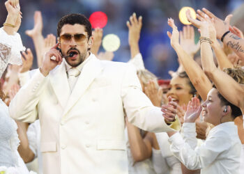 Bad Bunny performs during the Halftime Show of Super Bowl LX between the Seattle Seahawks and New England Patriots in Santa Clara, California, on Sundayh.