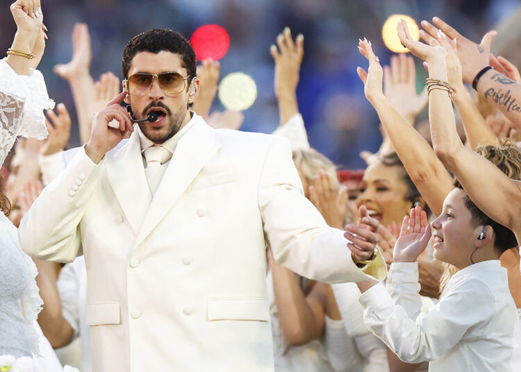 Bad Bunny performs during the Halftime Show of Super Bowl LX between the Seattle Seahawks and New England Patriots in Santa Clara, California, on Sundayh.