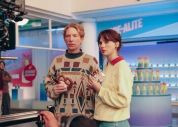 Taylor Swift and Domhnall Gleeson in the Opalite music video