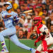 Aug 5, 2025; Boston, Massachusetts, USA; Kansas City Royals third base Maikel Garcia (11) hits a double to drive in a run against the Boston Red Sox in the fourth inning at Fenway Park. Mandatory Credit: David Butler II-Imagn Images