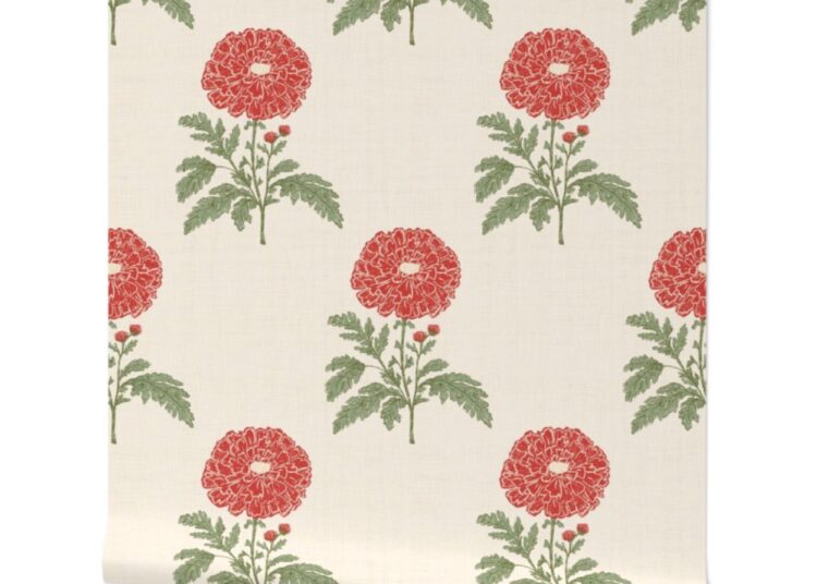 White wallpaper with red marigold design