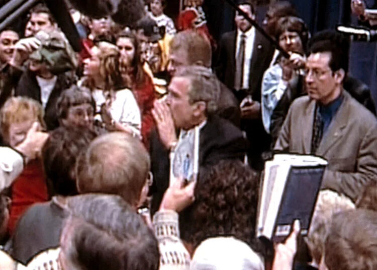 FAHRENHEIT 9/11, President George W. Bush shouting at Michael Moore, 2004, (c) Lions Gate/courtesy Everett Collection