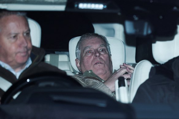 Andrew Mountbatten Windsor, younger brother of King Charles, leaves Aylsham police station.
