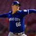 Aug 18, 2024; Cincinnati, Ohio, USA; Kansas City Royals relief pitcher James McArthur (66) pitches against the Cincinnati Reds in the ninth inning at Great American Ball Park. Mandatory Credit: Katie Stratman-Imagn Images