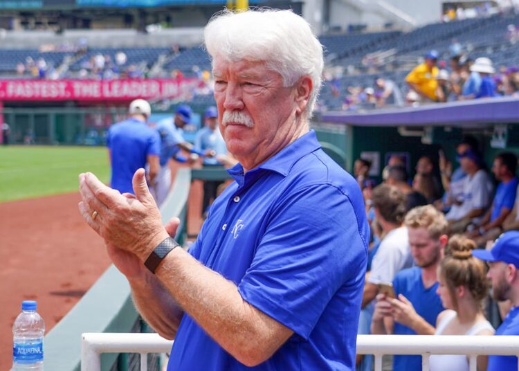 Jul 25, 2021; Kansas City, Missouri, USA; Kansas City Royals owners group principal owner John Sherman applauds during warm ups before the game against the Detroit Tigers at Kauffman Stadium. Mandatory Credit: Denny Medley-Imagn Images