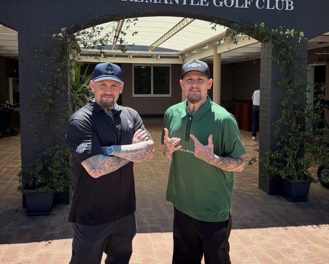 Joel and Benji Madden from Good Charlotte at the Royal Fremantle Golf Club.