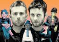 An illustration of Damon Albarn and Jamie Hewlett with the fictional cartoon characters of virtual band Gorillaz