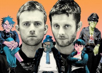 An illustration of Damon Albarn and Jamie Hewlett with the fictional cartoon characters of virtual band Gorillaz