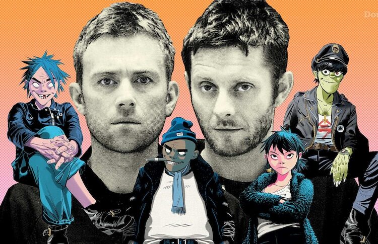 An illustration of Damon Albarn and Jamie Hewlett with the fictional cartoon characters of virtual band Gorillaz