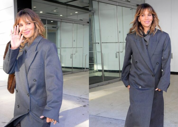 Halle Berry Styles Double-Breasted Gray Coat in New York City.