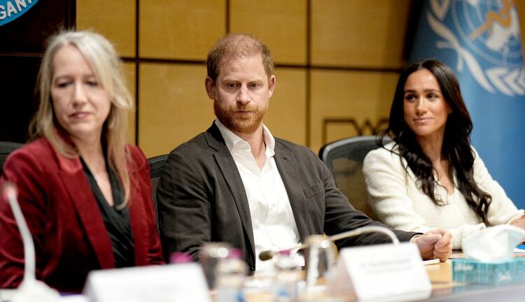 Harry and Meghan at the roundtable with senior officials. Pic: PA